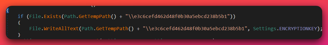 Decompiled Orcus Initialize method source showing an if-block: if File.Exists combining Path.GetTempPath and a 32-character hex filename e3c6cefd462d48f0b30a5ebcd238b5b1, the code calls File.WriteAllText with the same path and Settings.ENCRYPTIONKEY as the text content.