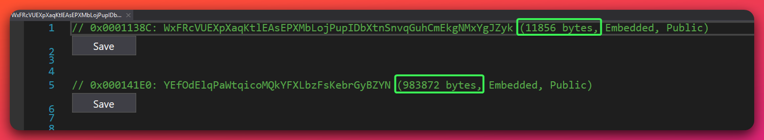 dnSpy resource listing for the decrypted Stage-4 assembly showing two embedded resources: WxFRcVUEXpXaqKtlEAsEPXMbLojPupIDbXtnSnvqGuhCmEkgNMxYgJZyk at 11,856 bytes and YEfOdElqPaWtqicoMQkYFXLbzFsKebrGyBZYN at 983,872 bytes. Both are flagged as Embedded, Public.