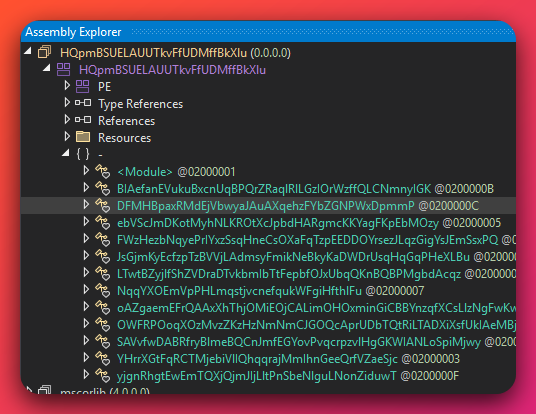 dnSpy Assembly Explorer view of the decrypted Stage-4 .NET assembly, showing its module tree with heavily obfuscated class names such as HQpmBSUELAUUTkvfFUDMffBkXlu, BIAefanEVukuBxcnUqBPQrZRaqIRILGzIOrWzffQLCNmnyIGK, and a dozen more generated-looking identifiers.