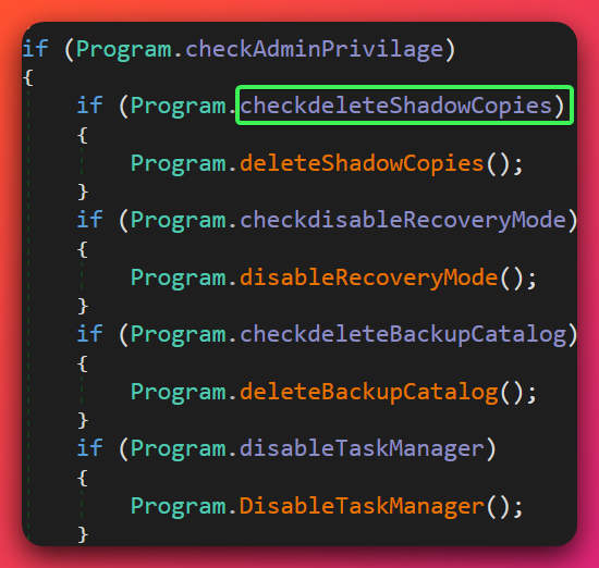 Decompiled Stage-5a C# source excerpt from decompiler (dnSpy) showing nested if-blocks gated on Program.checkAdminPrivilage. Inside the admin branch, individual sub-flags gate calls to Program.deleteShadowCopies, Program.disableRecoveryMode, Program.deleteBackupCatalog, and Program.DisableTaskManager.