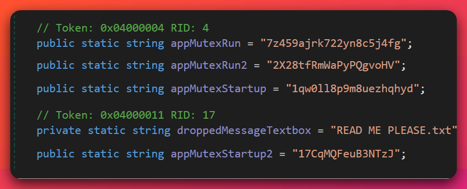 Decompiled Stage-5a C# source excerpt showing four string field declarations: appMutexRun set to '7z459ajrk722yn8c5j4fg', appMutexRun2 set to '2X28tfRmWaPyPQgvoHV', appMutexStartup set to '1qw0ll8p9m8uezhqhyd', and appMutexStartup2 set to '17CqMQFeuB3NTzJ'. A fifth field droppedMessageTextbox is set to 'READ ME PLEASE.txt'.