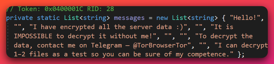 Decompiled Stage-5a source showing a private static List of strings named 'messages' with a hard-coded ransom text block: 'Hello!', 'I have encrypted all the server data :)', 'It is IMPOSSIBLE to decrypt it without me!', 'To decrypt the data, contact me on Telegram — @TorBrowserTor', 'I can decrypt 1-2 files as a test so you can be sure of my competence.'