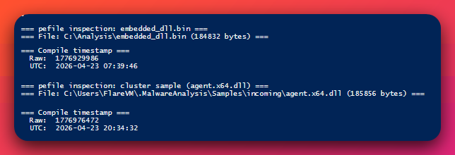 pefile inspection output showing compile timestamps for embedded_dll.bin (UTC 2026-04-23 07:39:46) and the cluster sample agent.x64.dll (UTC 2026-04-23 20:34:32) — same date, ~13 hours apart, demonstrating the same-day dev-to-prod build cadence