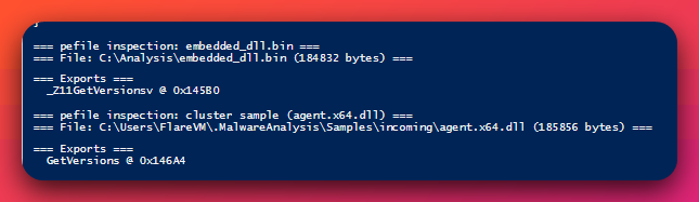 pefile inspection comparing exports of the embedded dev DLL versus the production beacon: embedded_dll.bin exports `_Z11GetVersionsv` (Itanium-ABI mangled, C++ linkage) at offset 0x145B0, while agent.x64.dll exports the unmangled `GetVersions` at offset 0x146A4