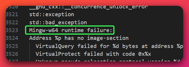 Strings extracted from the beacon shellcode showing GCC/MinGW-w64 runtime error messages including 'Mingw-w64 runtime failure:', 'VirtualQuery failed for %d bytes at address %p', 'VirtualProtect failed with code 0x%x', and `__gnu_cxx::__concurrence_unlock_error` — all distinctive of the MinGW-w64 GCC C++ runtime