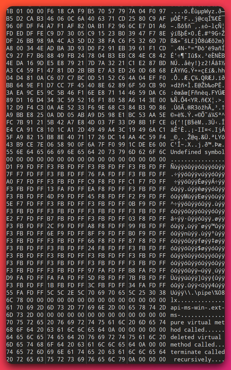 Hex dump of the 303-byte encrypted configuration blob showing the 4-byte length prefix at offset 0x000, 283 bytes of high-entropy ciphertext, and the 16-byte plaintext RC4 key adjacent to the ciphertext at offset 0x11F — visible printable strings near the bottom suggest sample text values 'pure virtual met...', 'api-ms-win-..ext-...', 'method called', 'deleted virtual'