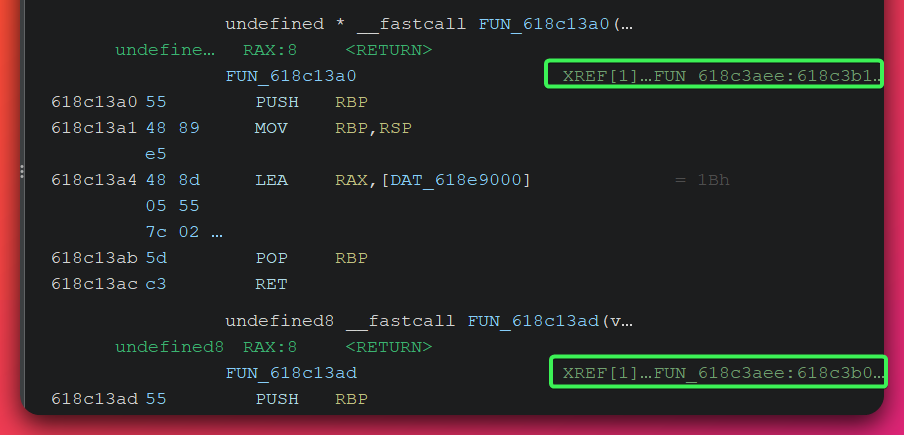Disassembly of two paired getter functions FUN_618c13a0 and FUN_618c13ad, each consisting of LEA RAX into the .rdata data segment followed by RET: these accessor pair functions return the encrypted blob's base address and its length to the AdaptixC2 RC4 decryptor