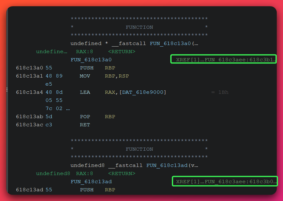 Ghidra disassembly of two paired getter functions FUN_618c13a0 and FUN_618c13ad, each consisting of LEA RAX into the .rdata data segment followed by RET — these accessor pair functions return the encrypted blob's base address and its length to the AdaptixC2 RC4 decryptor