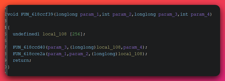 Ghidra decompiler view of FUN_618ccf39 with parameters (longlong param_1, int param_2, longlong param_3, int param_4) and a 256-byte local stack buffer 'local_108[256]' that calls FUN_618ccd40 (RC4 KSA — key scheduling) and FUN_618cce2a (RC4 PRGA — pseudo-random generator) — the canonical RC4 init+decrypt structure