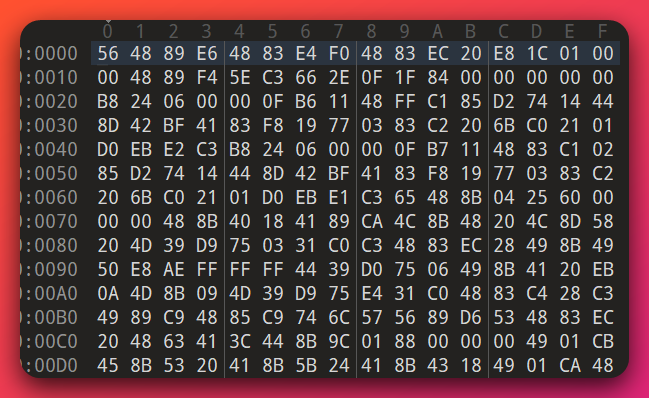 Hex dump of the first 32 bytes of the beacon shellcode showing the GCC x64 register-save prologue: 56 48 89 E6 (PUSH RSI; MOV RSI, RSP), 48 83 E4 F0 (AND RSP, -16 stack alignment), 48 83 EC 20 (SUB RSP, 0x20), E8 1C 01 00 00 (CALL relative 0x11C) — followed by additional GCC-style instructions consistent with an inline PE-mapping routine