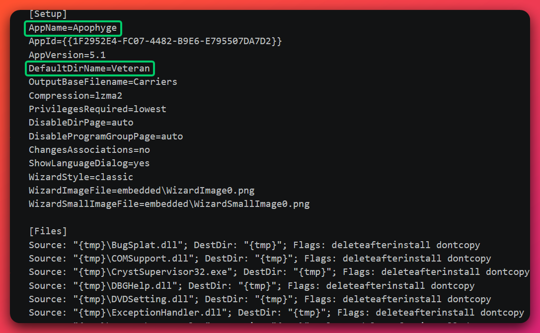 Plain-text dump of the Inno Setup [Setup] section embedded in Carriers.exe. The lines AppName=Apophyge and DefaultDirName=Veteran are highlighted in green. Other configuration values visible: AppId=, AppVersion=5.1, OutputBaseFilename=Carriers, Compression=lzma2, PrivilegesRequired=lowest, DisableDirPage=auto, DisableProgramGroupPage=auto, ChangesAssociations=no, ShowLanguageDialog=yes, WizardStyle=classic, WizardImageFile=embedded\\WizardImage0.png, WizardSmallImageFile=embedded\\WizardSmallImage0.png. Following the [Setup] block, [Files] entries list Source: '{tmp}\\BugSplat.dll' DestDir: '{tmp}' Flags: deleteafterinstall dontcopy, plus the same pattern for COMSupport.dll, CrystSupervisor32.exe, DBGHelp.dll, DVDSetting.dll, ExceptionHandler.dll.
