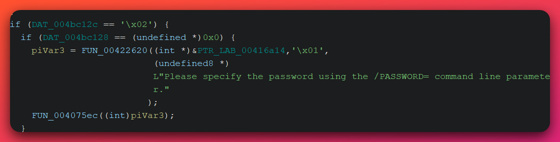 Ghidra decompiler view of the Carriers.exe entry-point password check, showing a comparison `if (DAT_004bc12c == '\x02')` followed by a nested check on DAT_004bc128 and a call that displays the wide string 'Please specify the password using the /PASSWORD= command line parameter.'