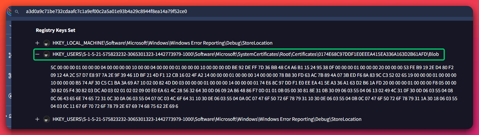 VirusTotal C2AE behavioral sandbox capture showing two registry keys set during execution. The first row shows HKEY_LOCAL_MACHINE\\Software\\Microsoft\\Windows\\Windows Error Reporting\\Debug\\StoreLocation. The second row, highlighted in green, shows the registry path HKEY_USERS\\S-1-5-21-575823232-3065301323-1442773979-1000\\Software\\Microsoft\\SystemCertificates\\Root\\Certificates\\0174E68C97DDF1E0EEEA415EA336A163D2B61AFD\\Blob with a multi-line hex blob underneath containing the binary X.509 certificate data starting with bytes 5C 00 00 00 01 00 00 00 04 00 00 00 10 00 00 00 04 00 00 00 01 00 00 00 10 00 00 00 0D BE 92 DE FF 7D 36 BB.