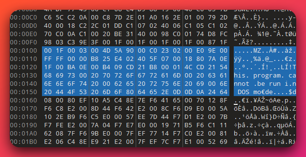 Hex dump of networkspec17.log showing the file header region from offset 0x00B0 to 0x01B0. The first half shows the camouflage text-zone bytes; at offset 0x0100 a clear MZ-DOS header (4D 5A 90 00 03 00 00 00 04 00 00 00) appears in highlighted form, followed by 'This program cannot be run in DOS mo<e' at offset 0x014E, marking the start of the embedded stage-3 PE bundle once the IDAT-XOR-LZNT1 layers are stripped.