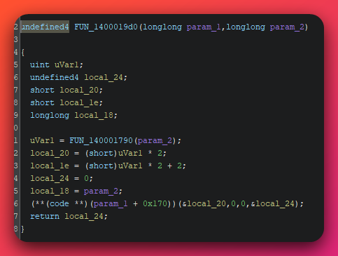 Ghidra decompiler view of pe_03 function FUN_1400019d0 (the RtlHashUnicodeString wrapper). The wrapper takes two longlong parameters, calls helper FUN_140001790 to compute the UTF-16 length of param_2, populates local_20 (length in bytes) and local_1e (length plus terminator) for the UNICODE_STRING structure, sets local_24 to zero (the result hash slot), then dispatches through the resolved API table at param_1+0x170 with the constructed UNICODE_STRING and the result-pointer, returning local_24.
