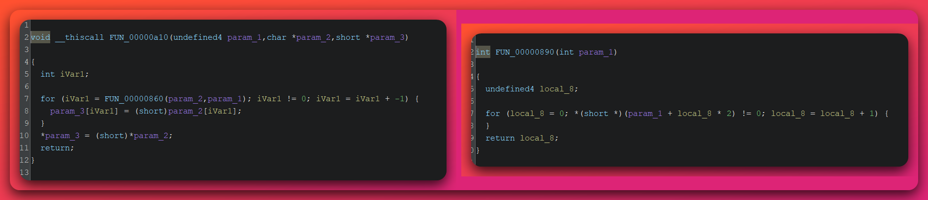 Two side-by-side Ghidra decompilations of stage-2 helper functions: FUN_00000a10 (a __thiscall function that loops over an input buffer and widens each ASCII char to a short, terminating with a null short) and FUN_00000890 (a wcslen-equivalent that loops counting non-zero shorts in a UTF-16 string).