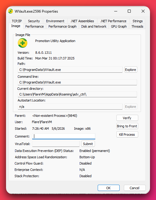Process Explorer Properties dialog for WVault.exe (PID 2596). The Image tab shows: Image File 'Promotion Utility Application' with the Qihoo 360 yellow-and-green icon, Version 8.6.0.1311, Build Time 'Mon Mar 31 00:17:37 2025', Path 'C:\\ProgramData\\WVault.exe', Command line 'C:\\ProgramData\\WVault.exe', Current directory 'C:\\Users\\FlareVM\\AppData\\Roaming\\adv_ctrl\\', Autostart Location n/a, Parent listed as 'Non-existent Process (9840)', User FlareVM\\FlareVM, Started 7:26:40 AM 5/6/2026, Image x86, DEP enabled, ASLR Bottom-Up, Control Flow Guard Disabled, Stack Protection Disabled.