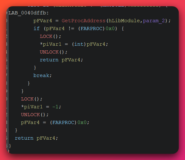 Ghidra decompile of the loader's dynamic API resolver showing a GetProcAddress call inside a LOCK and UNLOCK pair, with the resolved function pointer cached at piVar1 and a -1 sentinel written on lookup failure.
