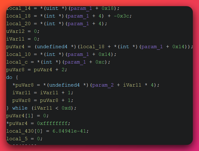 Ghidra decompile excerpt showing local_430[0] being assigned the floating-point literal 6.84941e-41, a sub-normal IEEE-754 denormal value, immediately preceding a do-while loop that walks param_2 in 0xd iterations.