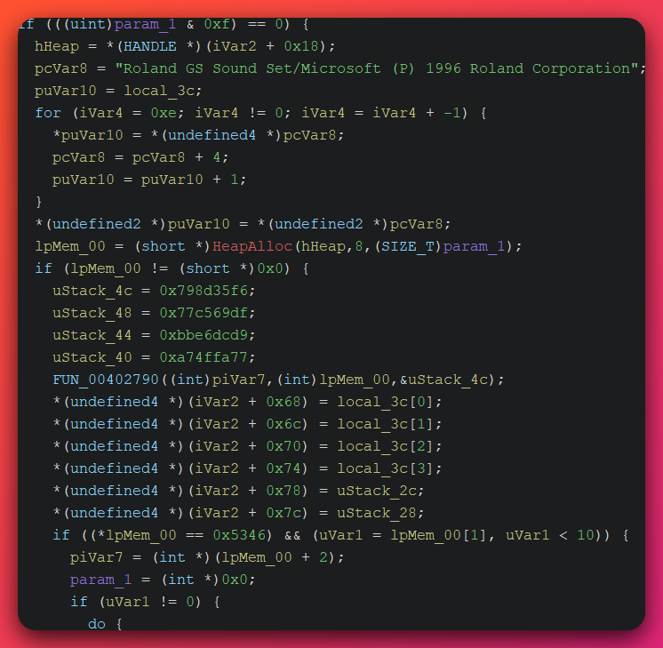 Ghidra decompile of FUN_00402890 showing the Roland GS Sound Set Microsoft 1996 Roland Corporation decoy string being staged as a 14-iteration uint copy, four uStack underscore values 0x798d35f6, 0x77c569df, 0xbbe6dcd9, 0xa74ffa77 reconstructing the 16-byte CBC-XOR IV, a call to the cipher routine FUN_00402790, and a final 0x5346 magic check confirming an FS container.