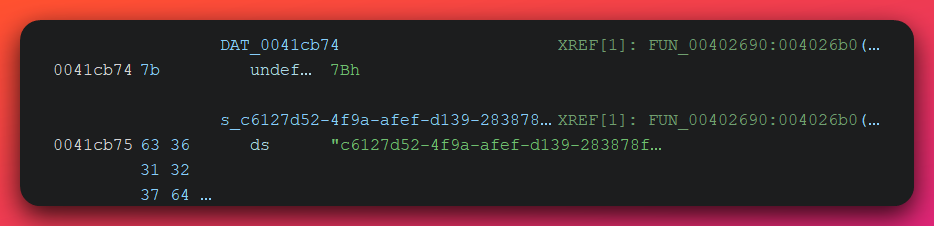 Ghidra .rdata view at address 0x0041cb74 showing a single brace byte 0x7B followed at address 0x0041cb75 by an ASCII-hex string starting with c6127d52-4f9a-afef-d139-283878 — a fake GUID literal pointing to xref FUN_00402690.