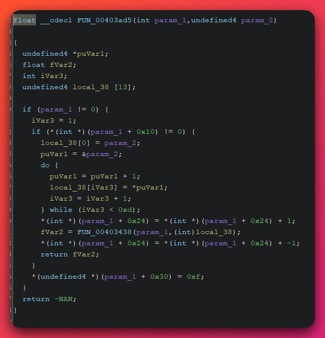 Ghidra decompile of FUN_00403ad5 showing a 13-element local_38 register-file array, a do-while loop copying parameters from puVar1 into local_38 indices 1 through 12, an increment of the field at param_1 + 0x24, a call to FUN_00403438 dispatching the VM with the prepared register file, and a -NAN return on failure.