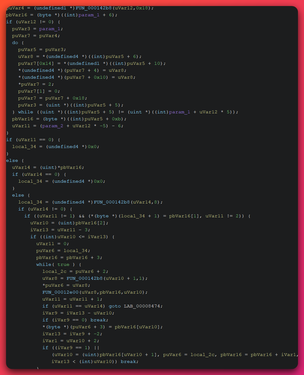 Ghidra decompilation of FUN_000082bc in Naku.arm, the operator's attack_parse() function, showing the modified CNC wire format with length-prefixed string option keys replacing stock Mirai's single-byte enum values — the operator-bespoke protocol modification that defeats Mirai-protocol-aware IDS rules.