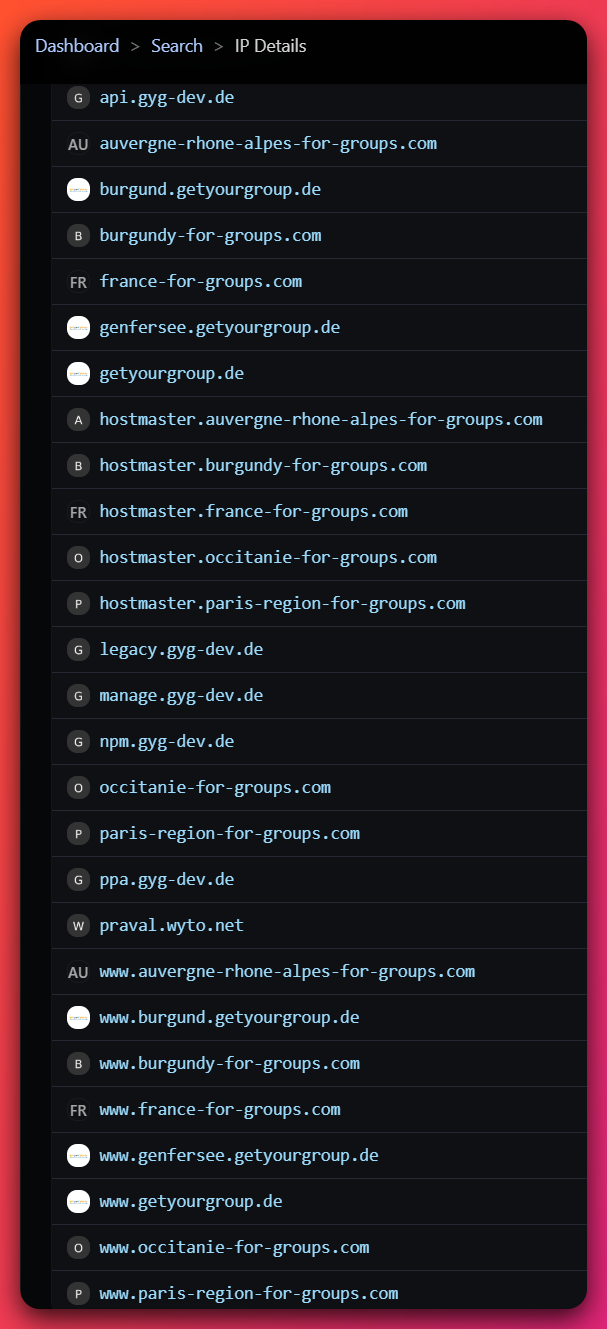 Hunt.io domain enumeration for sibling host 188.166.194.243 showing 28 GetYourGroup tourism domains (france-for-groups.com, paris-region-for-groups.com, occitanie-for-groups.com, burgundy-for-groups.com, getyourgroup.de, gyg-dev.de, and more) — establishing GetYourGroup GmbH as the legitimate owner of both 165.227.175.161 and 188.166.194.243.
