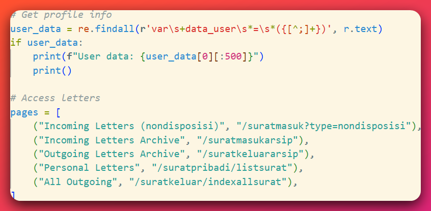 The operator's script enumerating the Attorney-General letter repositories, listing incoming, outgoing-archive, personal, and all-outgoing letter endpoints after authenticating.