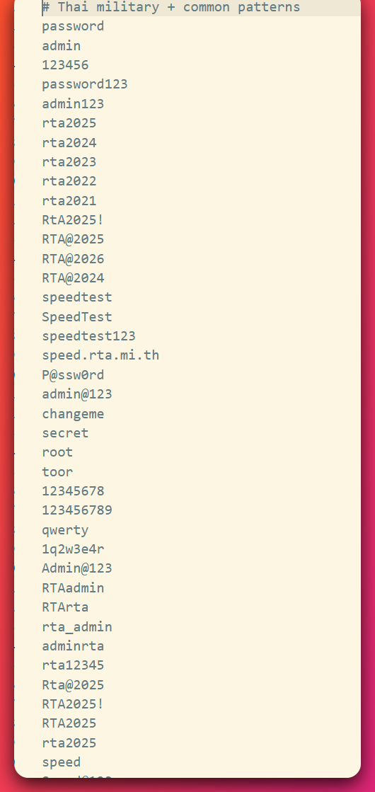 The contents of thai_mil_pass.txt, a list of single-token password guesses such as password, rta2024, RTA@2025, and speed.rta.mi.th, with no username-and-password pairs.