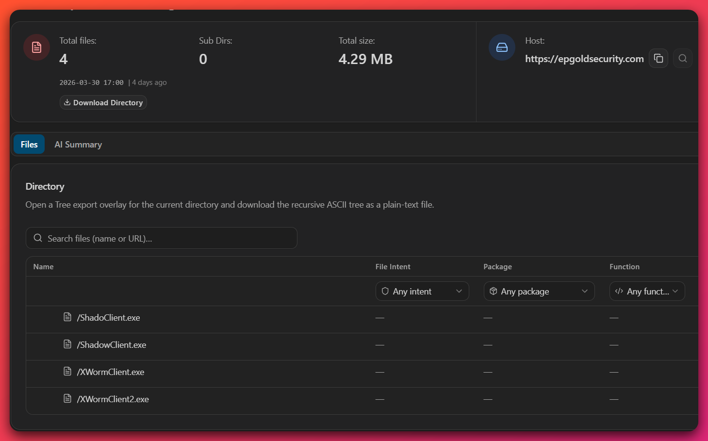 Attack Capture File Manager view of the open directory at epgoldsecurity.com, showing four payload files: Shadow.Common.dll, ShadoClient.exe, ShadowClient.exe, and XWormClient2.exe — 4 total files, 4.29 MB, hosted at https://epgoldsecurity.com