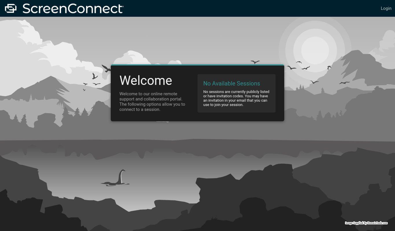 ScreenConnect welcome page at 151.245.112.70 showing 'No Available Sessions' — confirming ScreenConnect is deployed and running on the C2 server as of analysis date, with the login portal publicly accessible on port 80