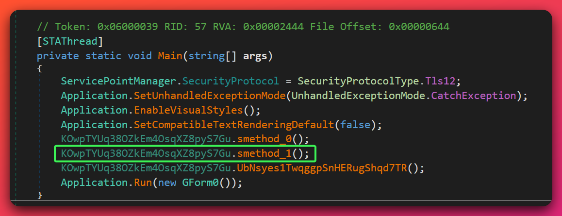 Decompiled Shadow RAT AMSI bypass method showing VirtualProtect call to make AmsiScanBuffer writable, followed by Marshal.Copy of the 15-byte shellcode patch that causes the function to return E_INVALIDARG on every call