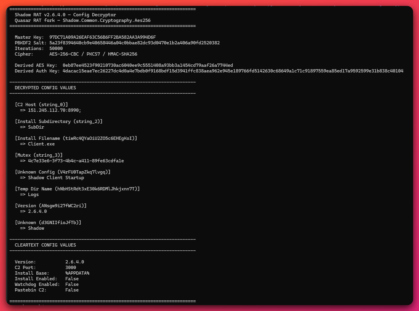 Terminal output of the Shadow RAT config decryptor showing derived AES key, PBKDF2 parameters, and decrypted config values including C2 host 151.245.112.70 port 8990, mutex GUID, install path, and version 2.6.4.0