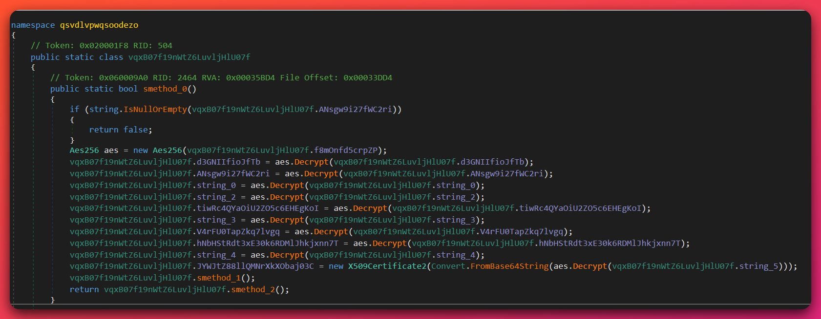 Decompiled Shadow RAT config decryption routine showing AES-256-CBC decryption using PBKDF2-derived key, with each config field decrypted sequentially and the plaintext values assigned to the static string fields in the config class