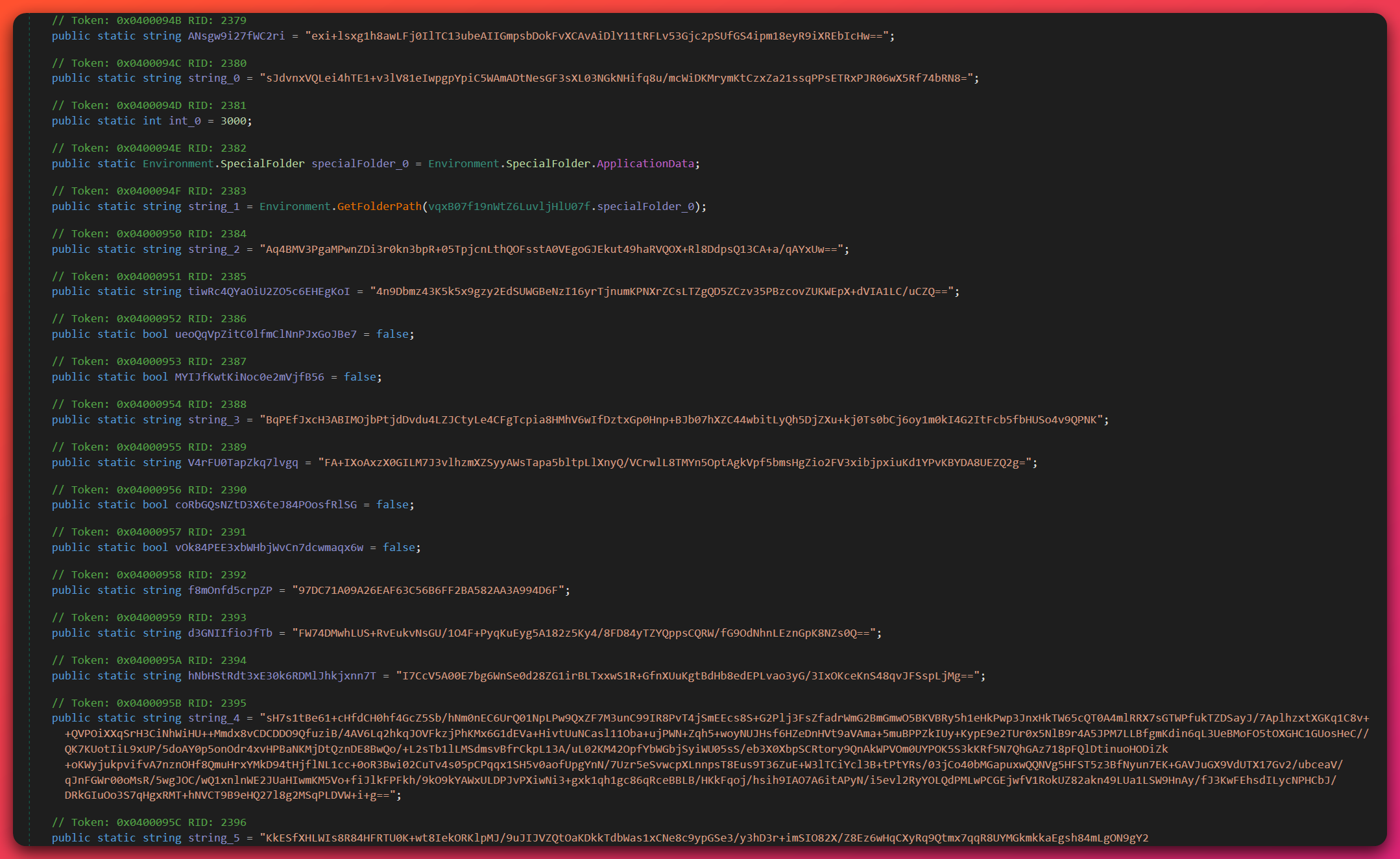 Decompiled Shadow RAT config class showing encrypted static string fields, each field stores a long Base64-encoded ciphertext blob, with the AES key and PBKDF2 salt extracted from Shadow.Common.dll required to decrypt them