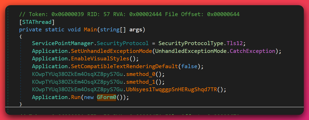 Decompiled Shadow RAT Main() entry point showing the three sequential startup calls: smethod_0 for HVNC desktop handle capture, smethod_1 for AMSI bypass, and UbNsyes1TwqggpSnHERugShqd7TR for ETW bypass — all three execute before any RAT functionality initializes