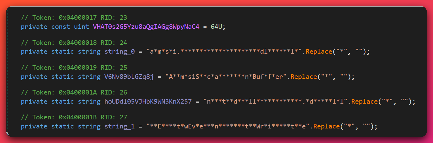 Decompiled Shadow RAT config class showing obfuscated private static string field declarations — the AES master key, PBKDF2 iteration count, and other config strings are embedded with asterisk padding and deobfuscated at runtime via Replace('*', '')