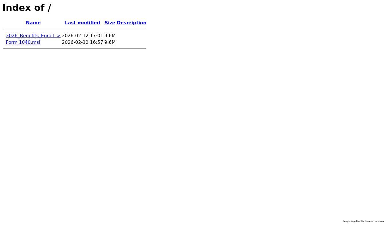 DomainTools-captured index of the harrismanlieb.ink payload directory showing two files: 2026_Benefits_Enroll (9.6 MB, dated 2026-02-12) and Form 1040.msi (9.6 MB, dated 2026-02-12) — the tax-season lure filenames used to deliver the malware