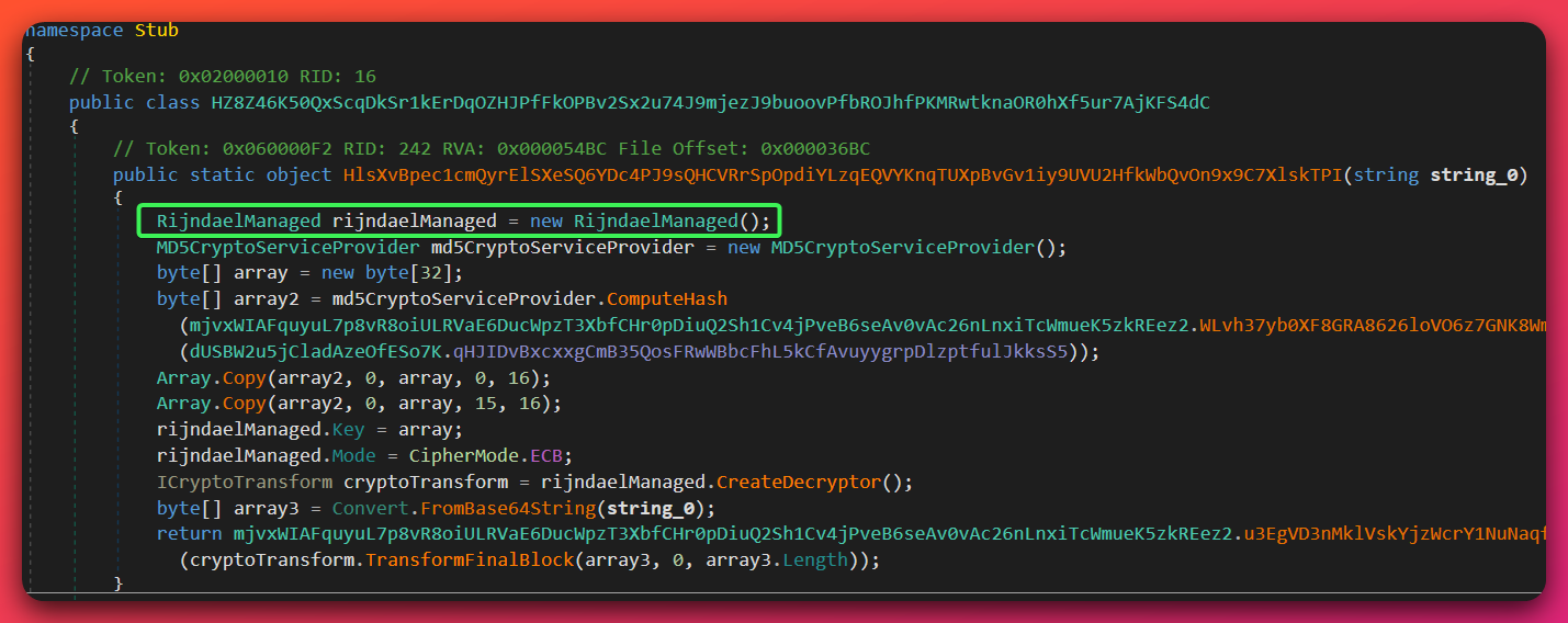 Decompiled XWorm Rijndael decryption method showing RijndaelManaged instantiation, MD5 hash computation for key derivation, Array.Copy operations implementing the overlapping 16+15 byte key construction, CipherMode.ECB assignment, and the final CryptoTransform decryption call